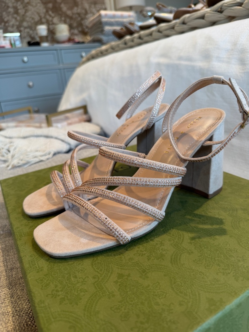 NWOT!! Kelly & Katie Blush Crystal-Embellished Strappy Block Heels